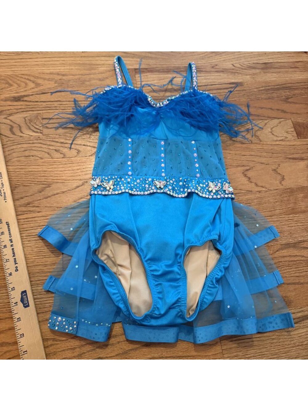 Kelle Costumes Large Child Blue Jazz Tap Musical Theater Feathers Rhinestones